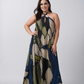 Plus size navy blue and beige floral crepe ankle-length dress with a halter tie-back neckline