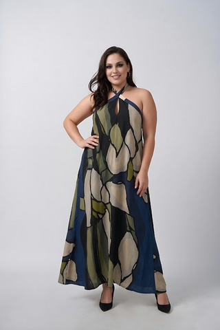 Plus size navy blue and beige floral crepe ankle-length dress with a halter tie-back neckline