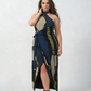Plus size navy blue and beige floral crepe wrap dress with a halter tie-back and asymmetric silhouette
