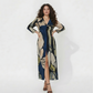 Plus size navy, beige, and olive abstract crepe full-length dress with a V-neck and front slit