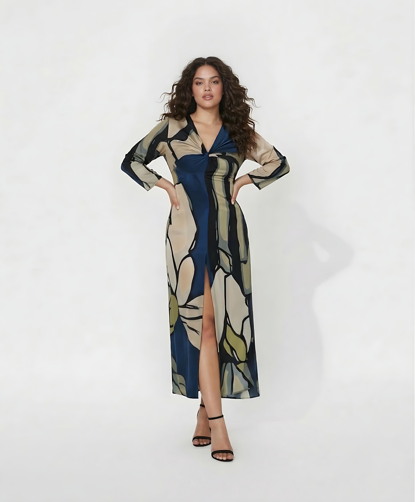 Plus size navy, beige, and olive abstract crepe full-length dress with a V-neck and front slit
