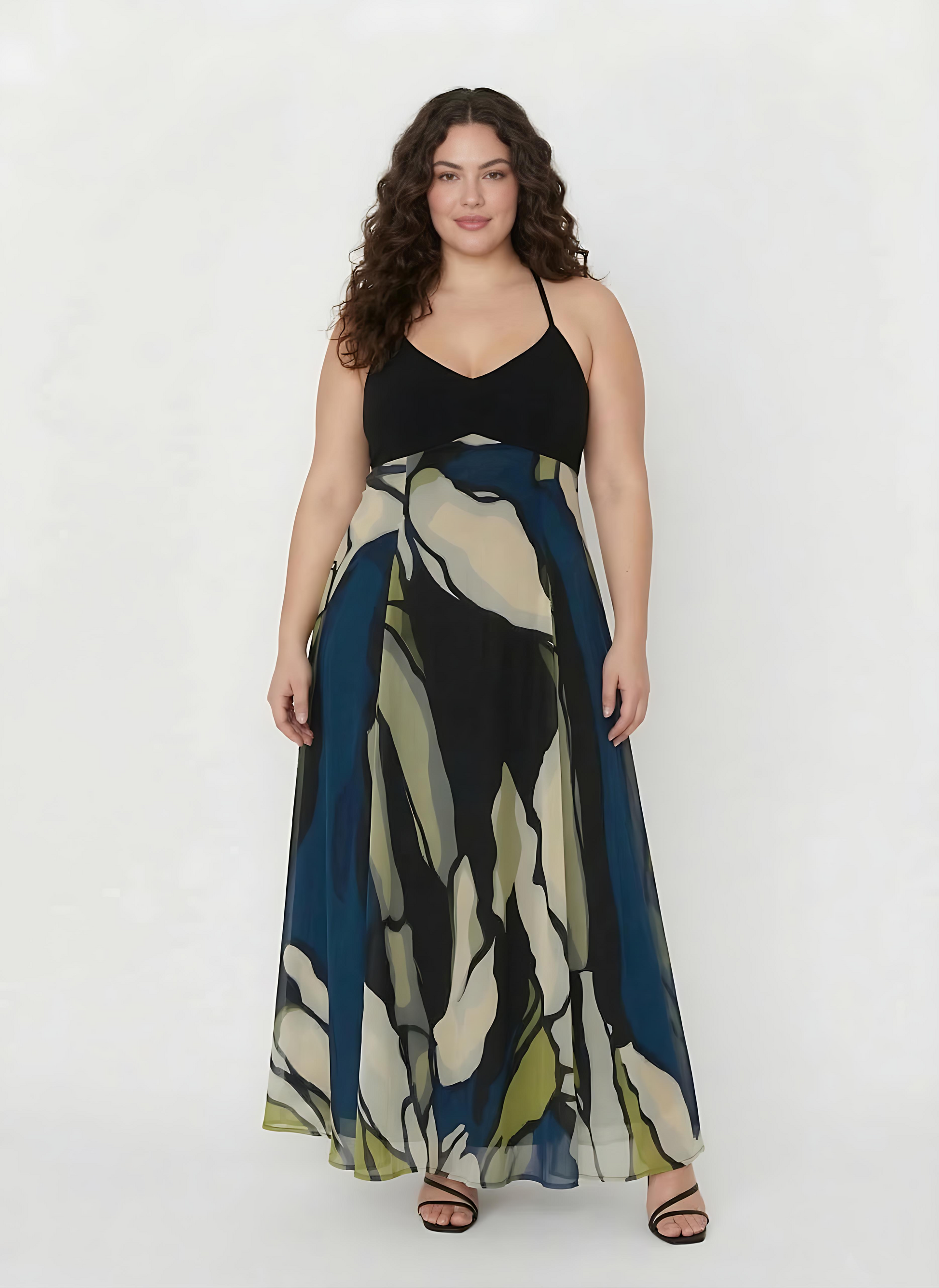 Plus size navy and olive floral crepe ankle-length dress with a halter tie-back neckline