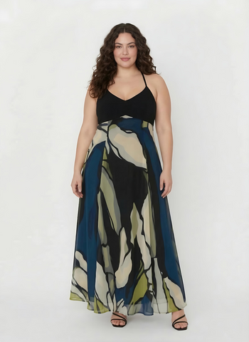 Plus size navy and olive floral crepe ankle-length dress with a halter tie-back neckline
