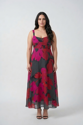 Plus size pink and black floral chinon midi dress with delicate shoulder straps. 