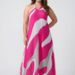 Plus size pink and white abstract chinon ankle-length dress with a halter neckline