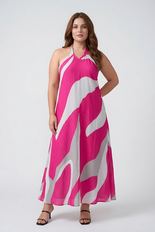 Plus size pink and white abstract chinon ankle-length dress with a halter neckline