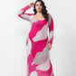 Plus size pink and white abstract chinon ankle-length dress with an overlapped neckline