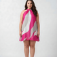 Plus size pink and white abstract chinon short dress with a halter tie-back neckline
