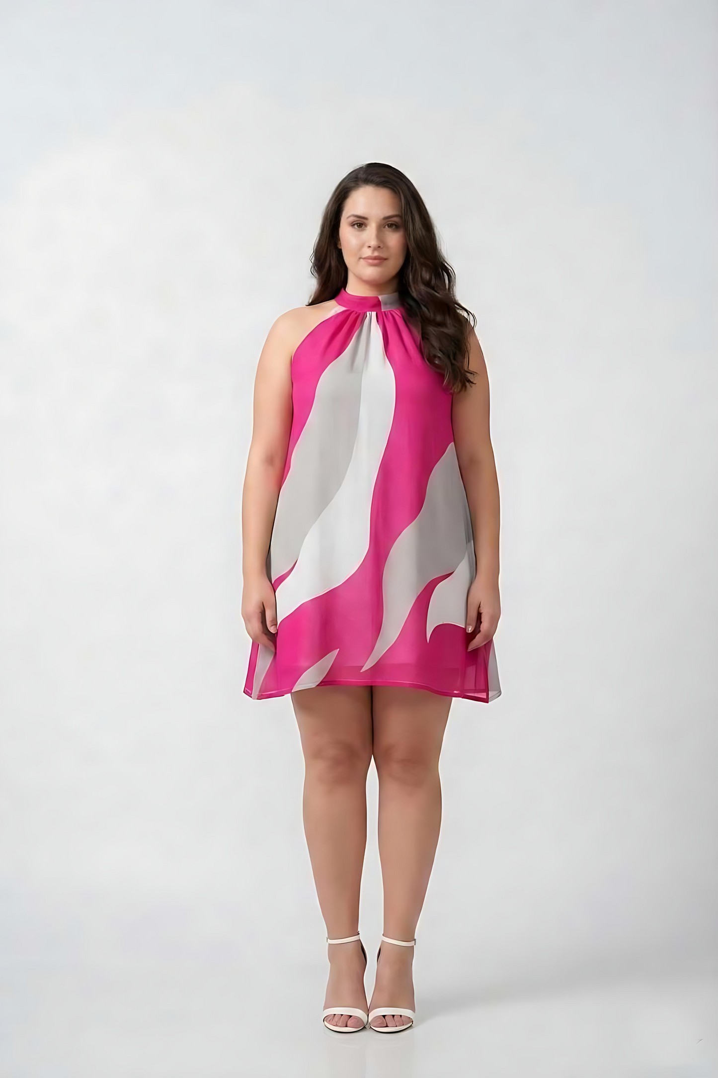 Plus size pink and white abstract chinon short dress with a halter tie-back neckline