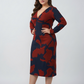Plus size red and navy floral chinon midi dress with a V-neck and long sleeves