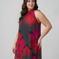 Plus size red and pink floral chinon knee-length dress with a halter tie-back neckline