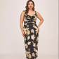 Plus size satin floral ankle-length dress with a twisted neckline and strap shoulders