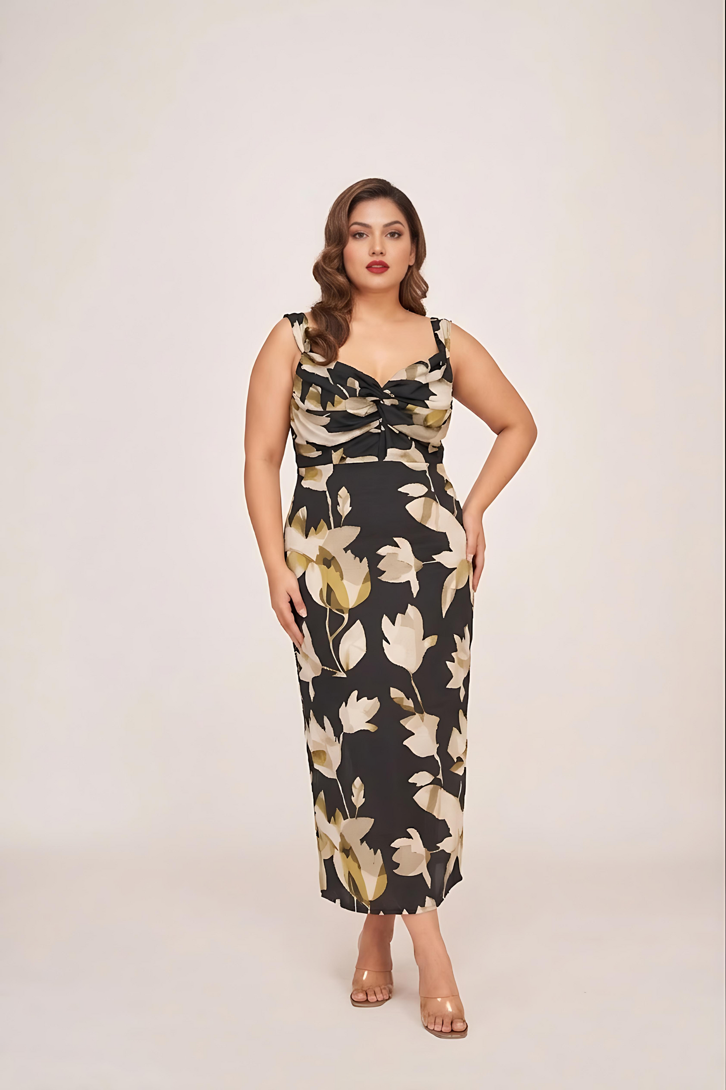 Plus size satin floral ankle-length dress with a twisted neckline and strap shoulders