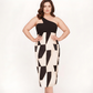 Plus size silk one-shoulder midi dress with an abstract print design