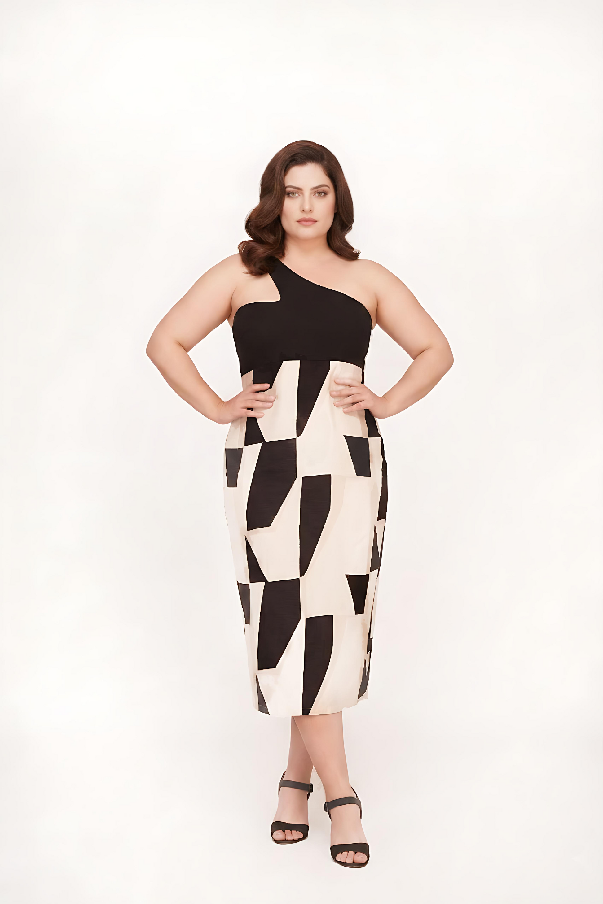 Plus size silk one-shoulder midi dress with an abstract print design