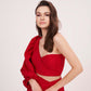 Mid-close view highlighting the full balloon sleeve and fitted bodice of the crop top, showing the elegant shape and styling of the co-ord set.