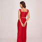 Back view of the red co-ord set showcasing zip closure, square strap shoulders, and gathered pleat detail on skirt.