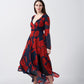 Long-sleeve abstract floral chinon dress in red and navy, ideal for stylish day wear and elegant evenings
