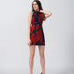 Abstract floral print short dress in bold red and navy tones with a modern look