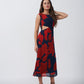 Red and navy abstract floral print midi dress with a sleek, modern silhouette