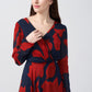 Ankle-length chinon dress with an overlapped V-neckline and long sleeves