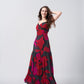 Sweetheart-neck abstract floral full-length chinon dress, suitable for elegant soirées and upscale gatherings