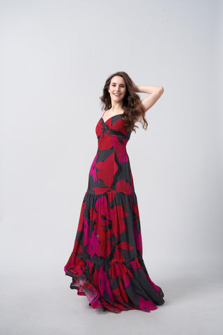 Sweetheart-neck abstract floral full-length chinon dress, suitable for elegant soirées and upscale gatherings