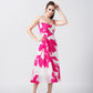 Pink and white floral crepe midi dress, ideal for upscale luncheons and stylish daytime gatherings