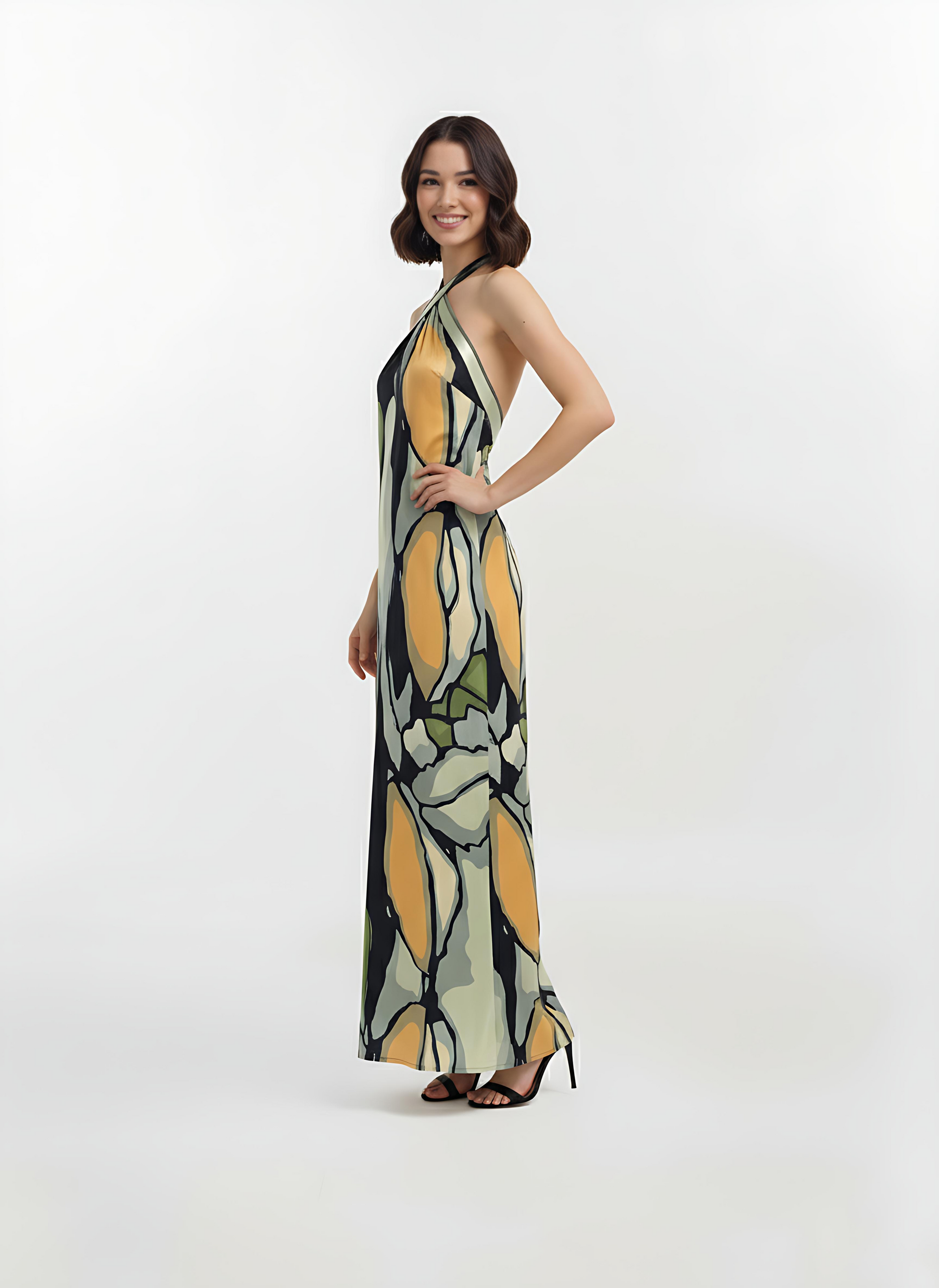 Sleeveless Olive Dawn full length maxi Dress with a straight, fluid cut and a halter neck style that transitions into an elegant open-back design.