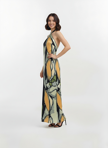 Sleeveless Olive Dawn full length maxi Dress with a straight, fluid cut and a halter neck style that transitions into an elegant open-back design.
