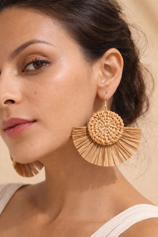 Brown rattan drop earrings with a woven round centre and fan-shaped drop, styled for everyday and casual occasion wear.