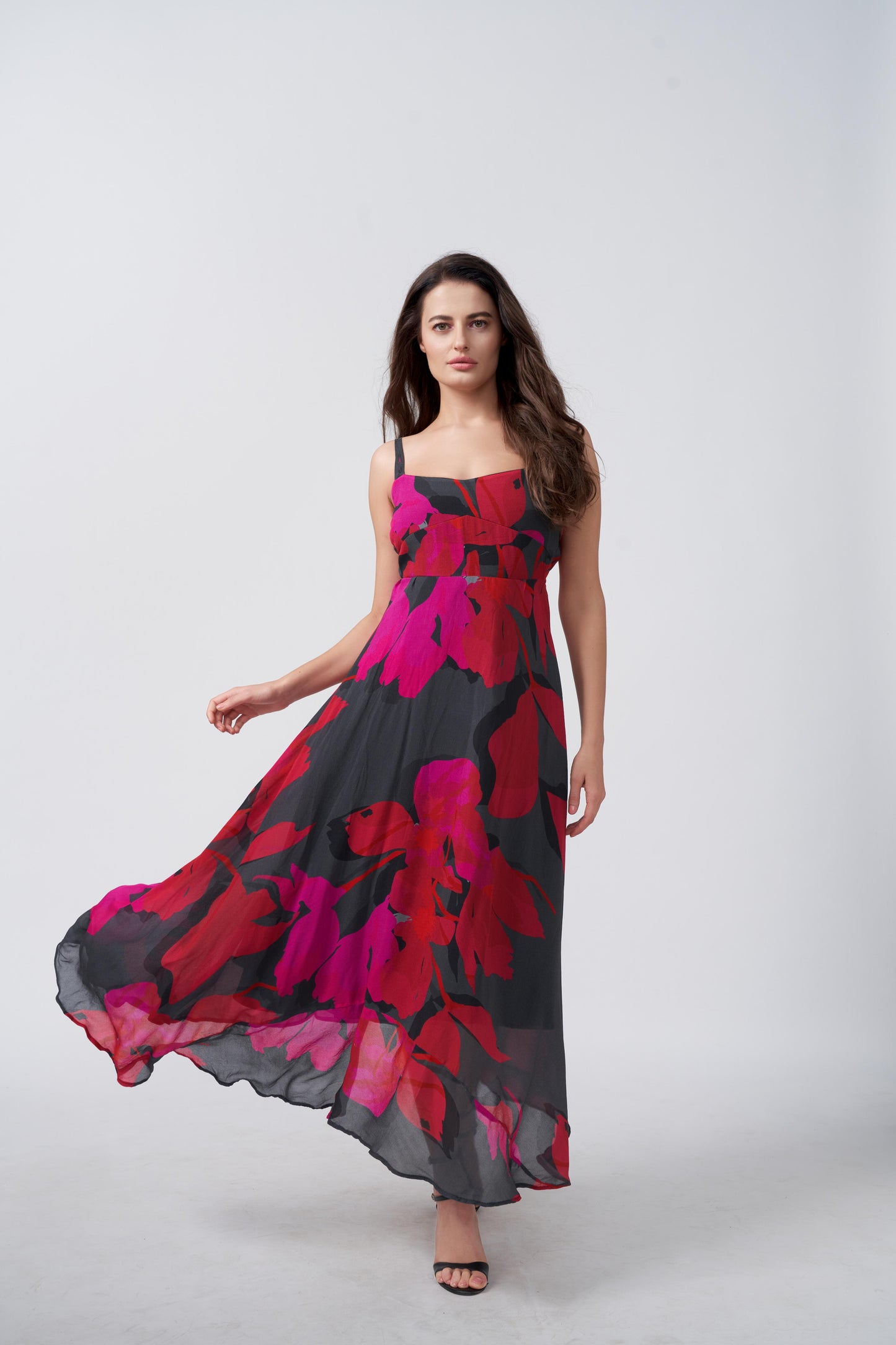 Pink and black floral chinon midi dress, suitable for garden parties and daytime events
