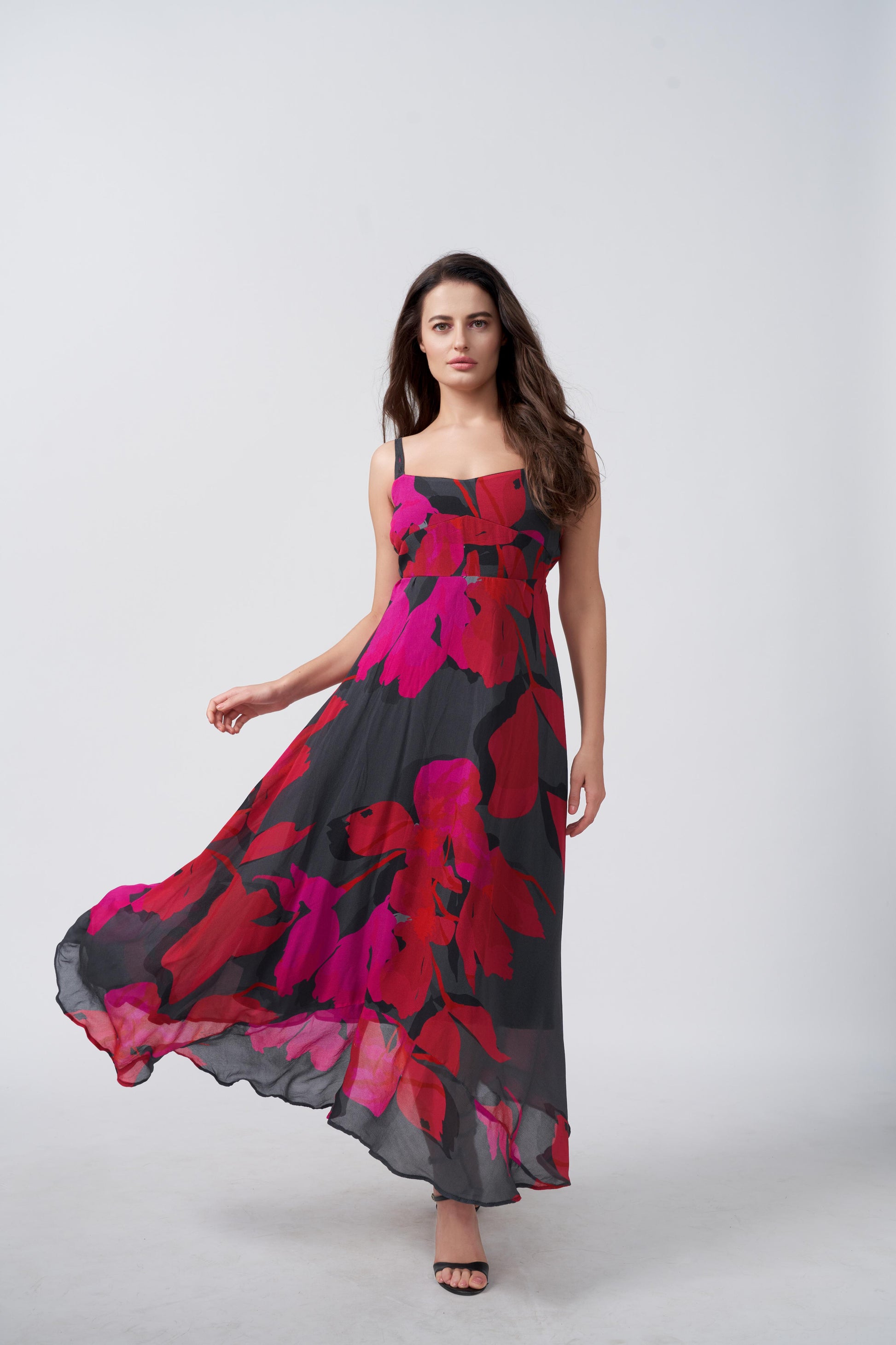 Pink and black floral chinon midi dress, suitable for garden parties and daytime events