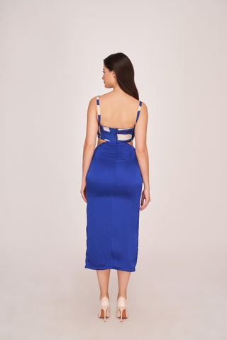 Back view of a blue satin midi dress with a back zip closure and clean silhouette