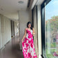 Pink and white floral print full-length dress crafted in crepe fabric