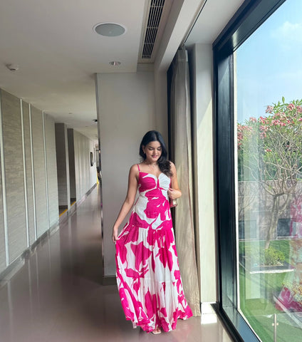 Pink and white floral print full-length dress crafted in crepe fabric