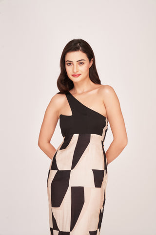 Silk midi dress with a one-strap shoulder design and elegant drape