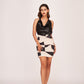 Sweetheart-neck silk printed dress with front cut-out detailing, suitable for cocktail parties and evening events