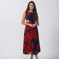Abstract floral print midi dress in red and navy tones with a flowing drape