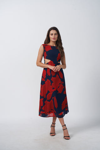 Abstract floral print midi dress in red and navy tones with a flowing drape