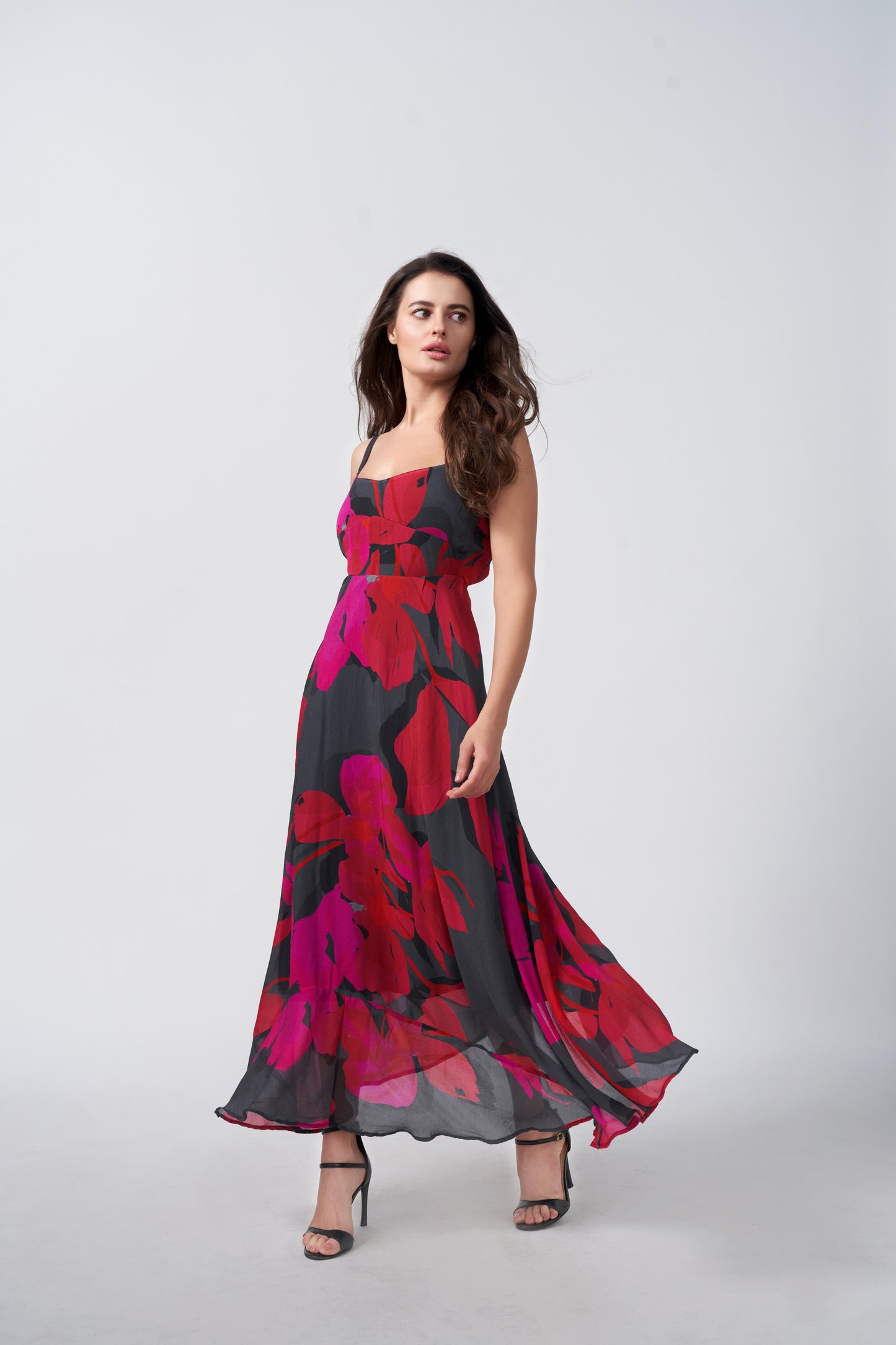 Floral print chinon midi dress in pink and black, ideal for upscale luncheons and stylish daytime gatherings