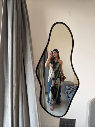 Abstract floral crepe dress in navy blue and beige tones with an ankle-length silhouette