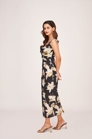 Ankle-length satin dress featuring a flowing, refined silhouette