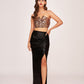 Off-shoulder golden tube top with a V-cut neckline in faux leather