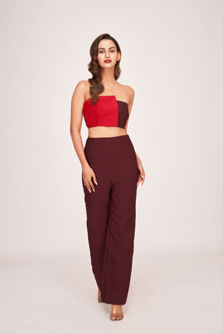 Crepe co-ord set featuring a tube top paired with brown trousers