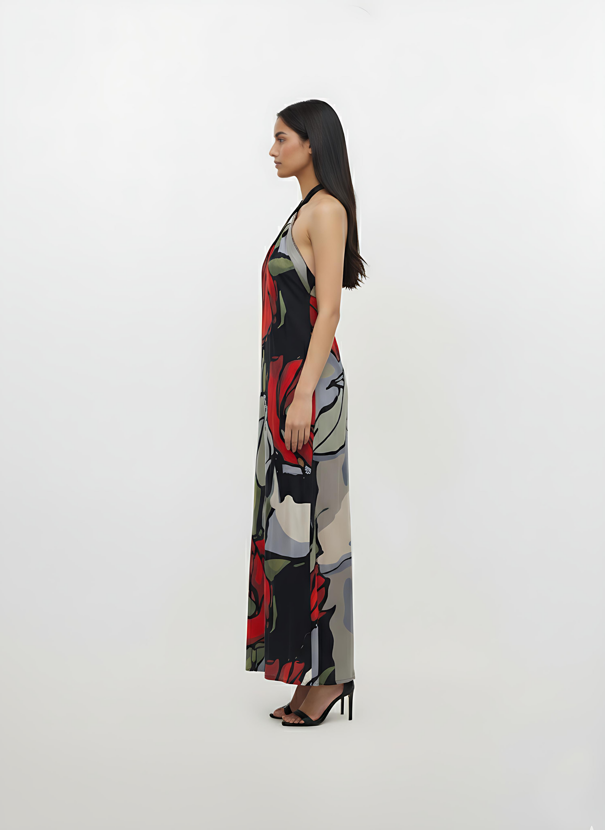 Ankle-length halter-neck maxi dress featuring a vibrant, artistic floral print with oversized crimson roses
