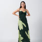 Light and dark green floral print satin dress with spaghetti straps, ideal for elegant evenings and special gatherings