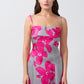 Square-neck floral satin ankle-length dress in pink and grey, suitable for daytime events and evening gatherings