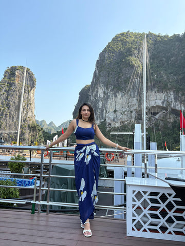 Floral crepe co-ord set styled for evening wear and resort occasions