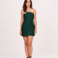 Solid green mini dress featuring rose petal cut detailing and an asymmetric hem